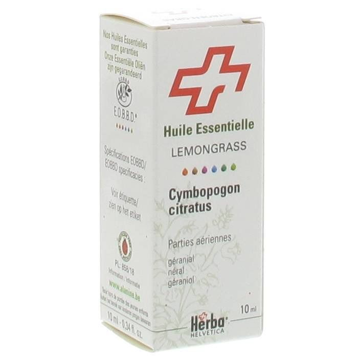 Witte doos met rood kruis en tekst. "Huile Essentielle Lemongrass". Botanische naam: Cymbopogon citratus. Merk: Herba Helvetica. 10 ml.