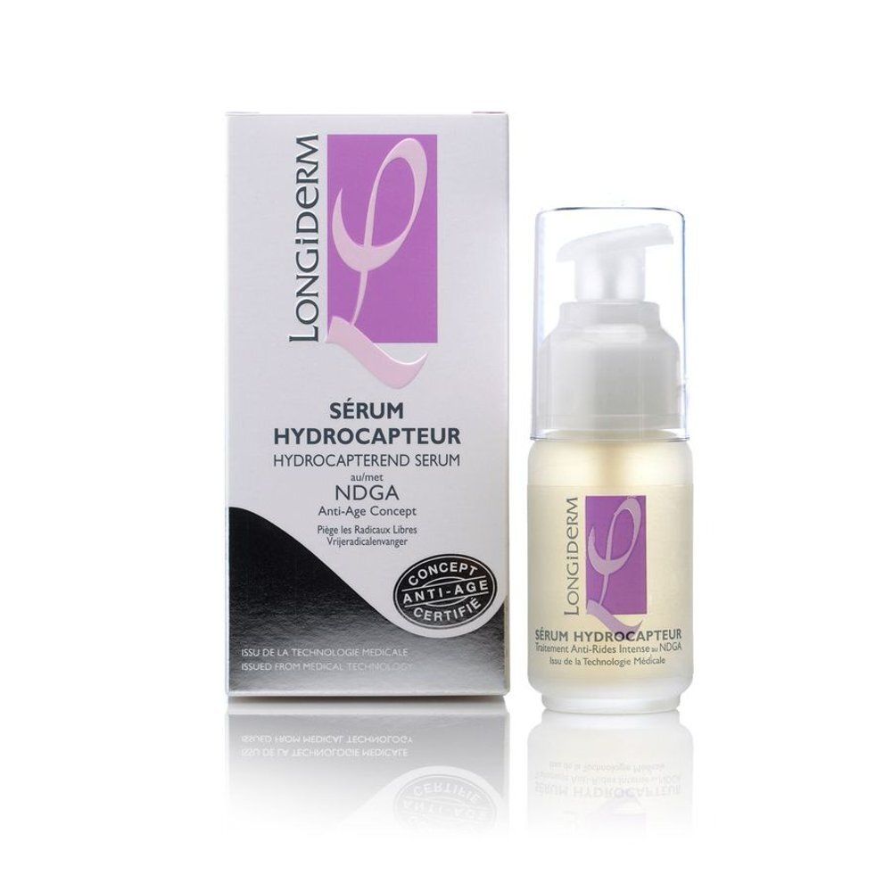Verpakking en serumfles. Opschrift: LONGIDERM, Sérum Hydrocapteur. Met anti-age certificering.