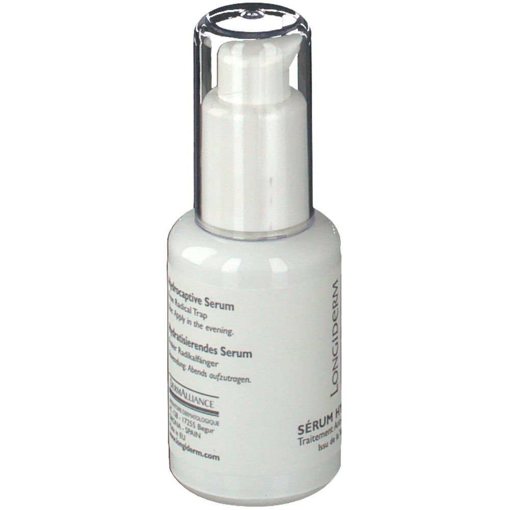 Côté d'un flacon de sérum blanc. Texte multilingue. Inscription: LONGIDERM, Sérum Hydrocapteur.