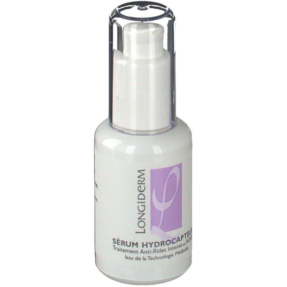 Sérum blanc avec pompe et bouchon transparent. Inscription: LONGIDERM, Sérum Hydrocapteur.