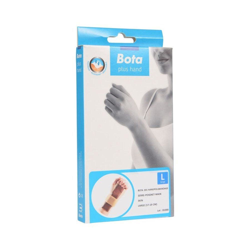 Verpakking Bota handbandage. Opschrift: Bota plus hand, maat L. Afbeelding van een handbandage.