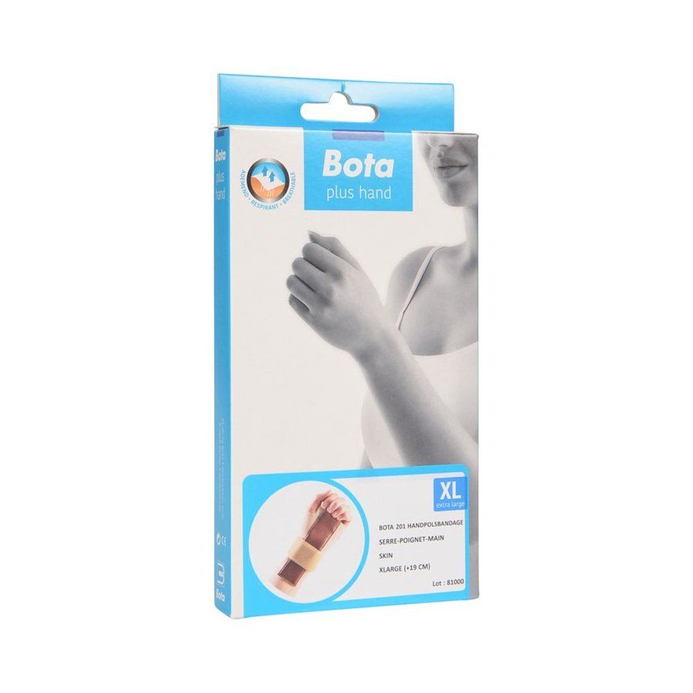 Verpakking Bota plus hand, XL. Polsband, huidskleur. Productafbeelding. Opschrift: Bota, XL, 201 polsband.