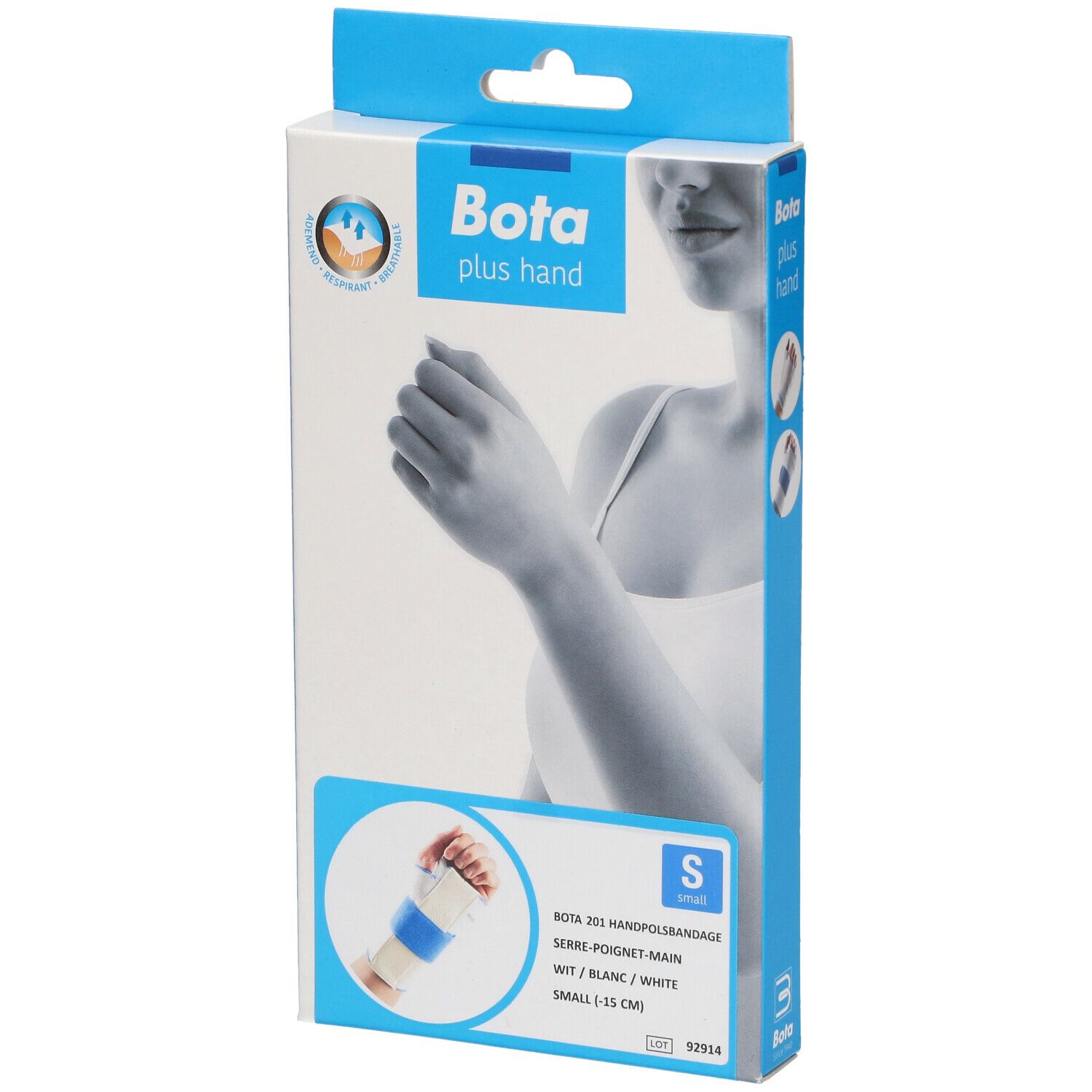 Verpakking van Bota polsbrace. Wit product, blauwe accenten. Maat S. Opschrift: Bota plus hand.