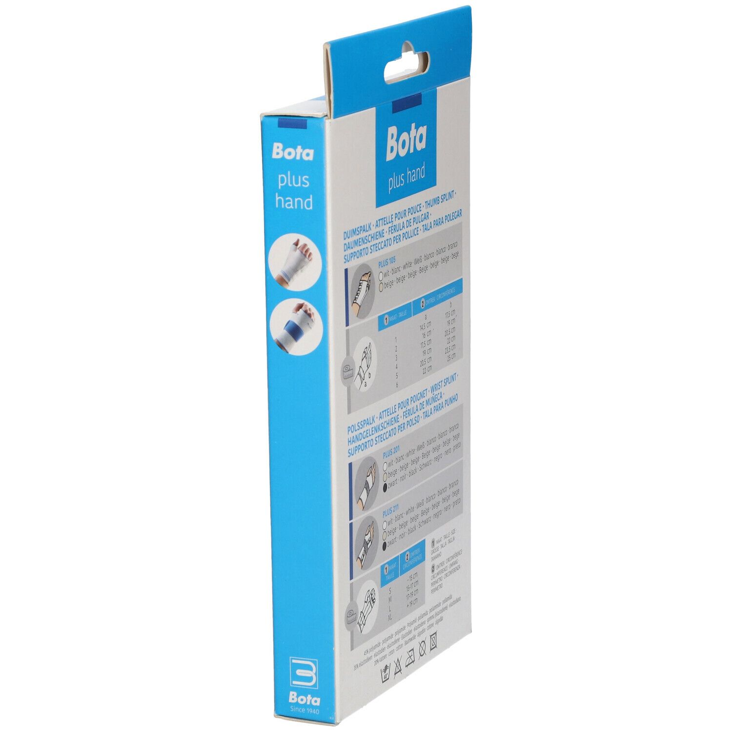 Zijaanzicht van de Bota polsbrace verpakking. Maat informatie en product details. Wit en blauw.