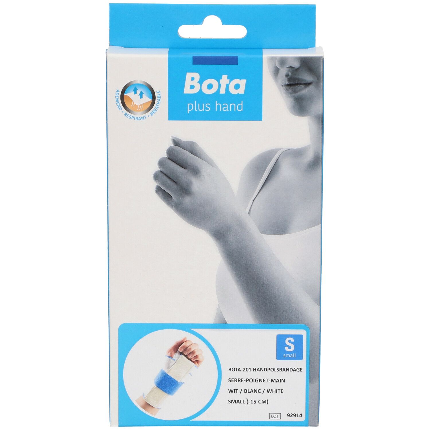 Verpakking van Bota polsbrace. Wit product, blauwe accenten. Maat S. Opschrift: Bota plus hand.