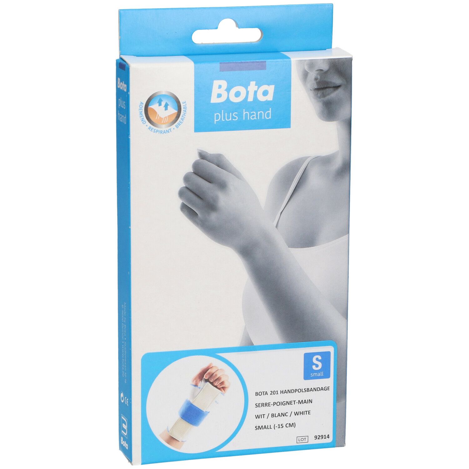 Verpakking van Bota polsbrace. Wit product, blauwe accenten. Maat S. Opschrift: Bota plus hand.