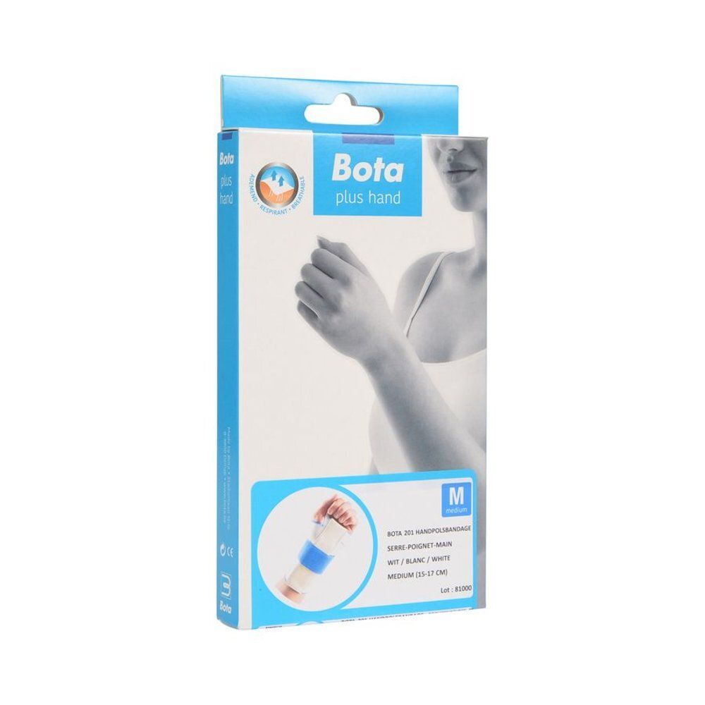 Emballage d'orthèse de poignet. Boîte bleue avec image et texte du produit. Taille M.