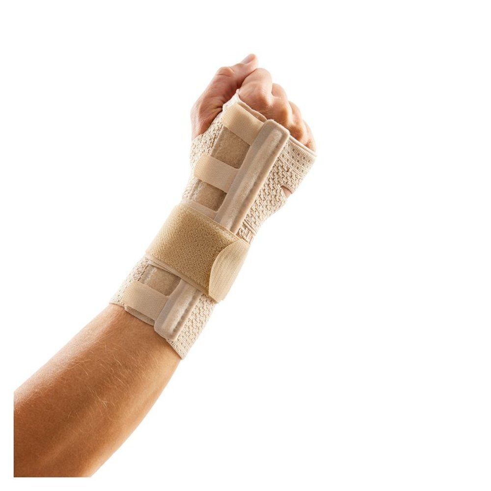 Attelle de poignet beige, attaches auto-agrippantes, paume ouverte. Orthèse.