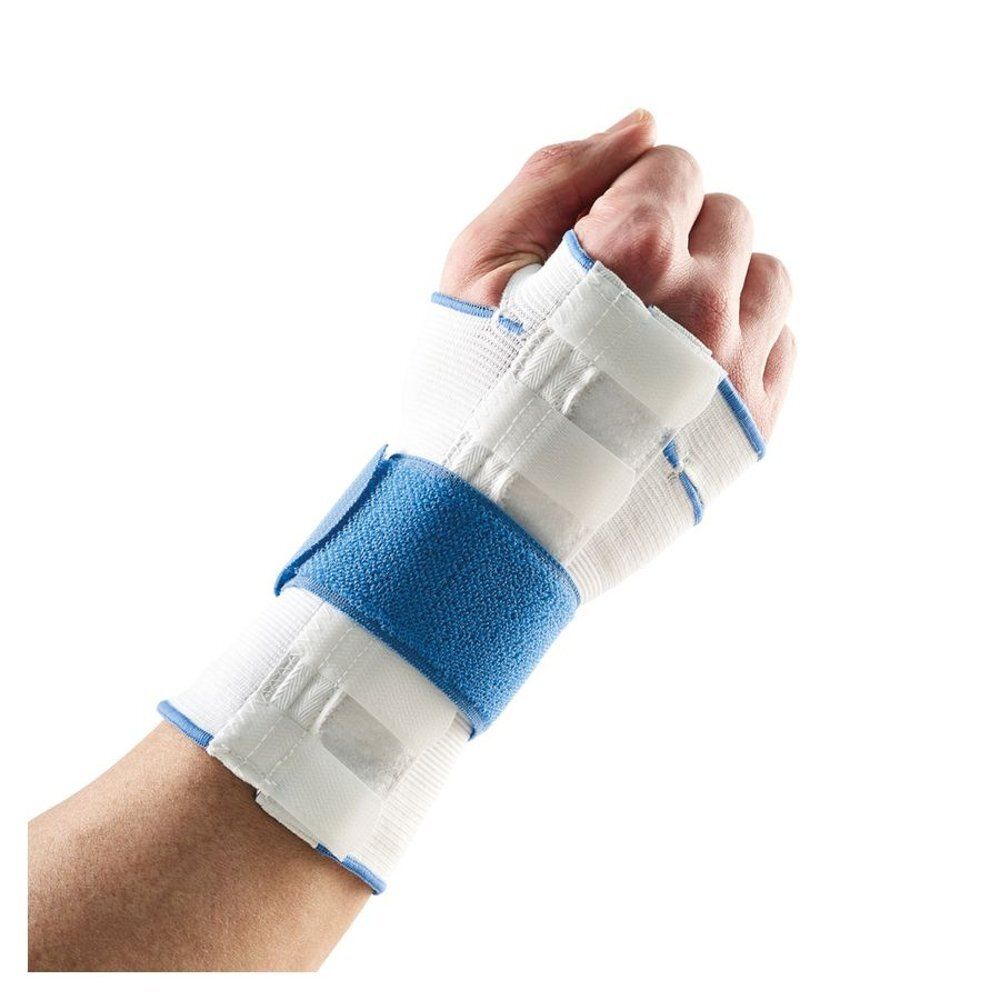 Attelle poignet-main, blanche et bleue. Extra Large. Fermeture velcro. Pour la main. Rembourrage interne.