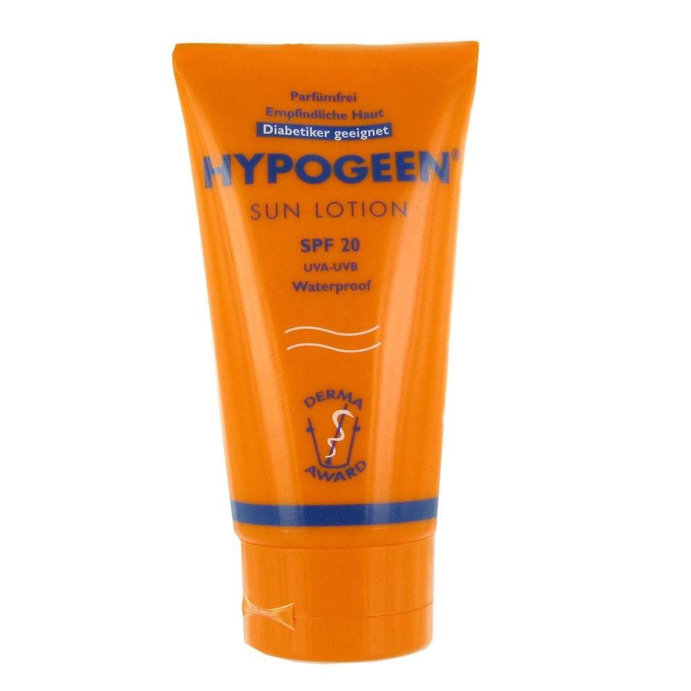 Tube orange avec texte bleu. Contient Hypogeen Sun Lotion SPF 20. UVA-UVB, résistant à l'eau. Avec Derma Award.