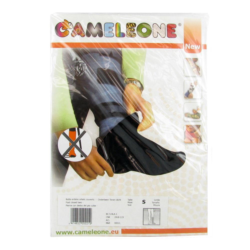 Jambière noire à bout fermé dans un emballage plastique. Marque Cameleone. Taille S. Inscription "New".