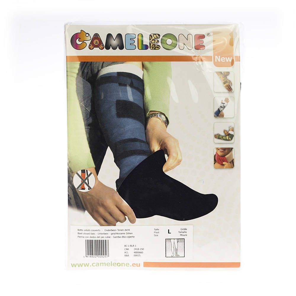 Verpakking Cameleone Lower Leg Closed Toe Black L. Afbeelding van been met zwarte sok. Maat L.