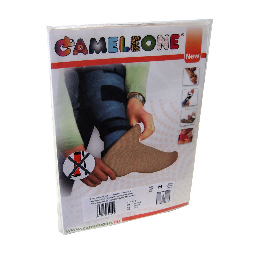 Beige Cameleone onderbeenbandage met gesloten teen in verpakking. Maat M. Opschrift: Cameleone, New.