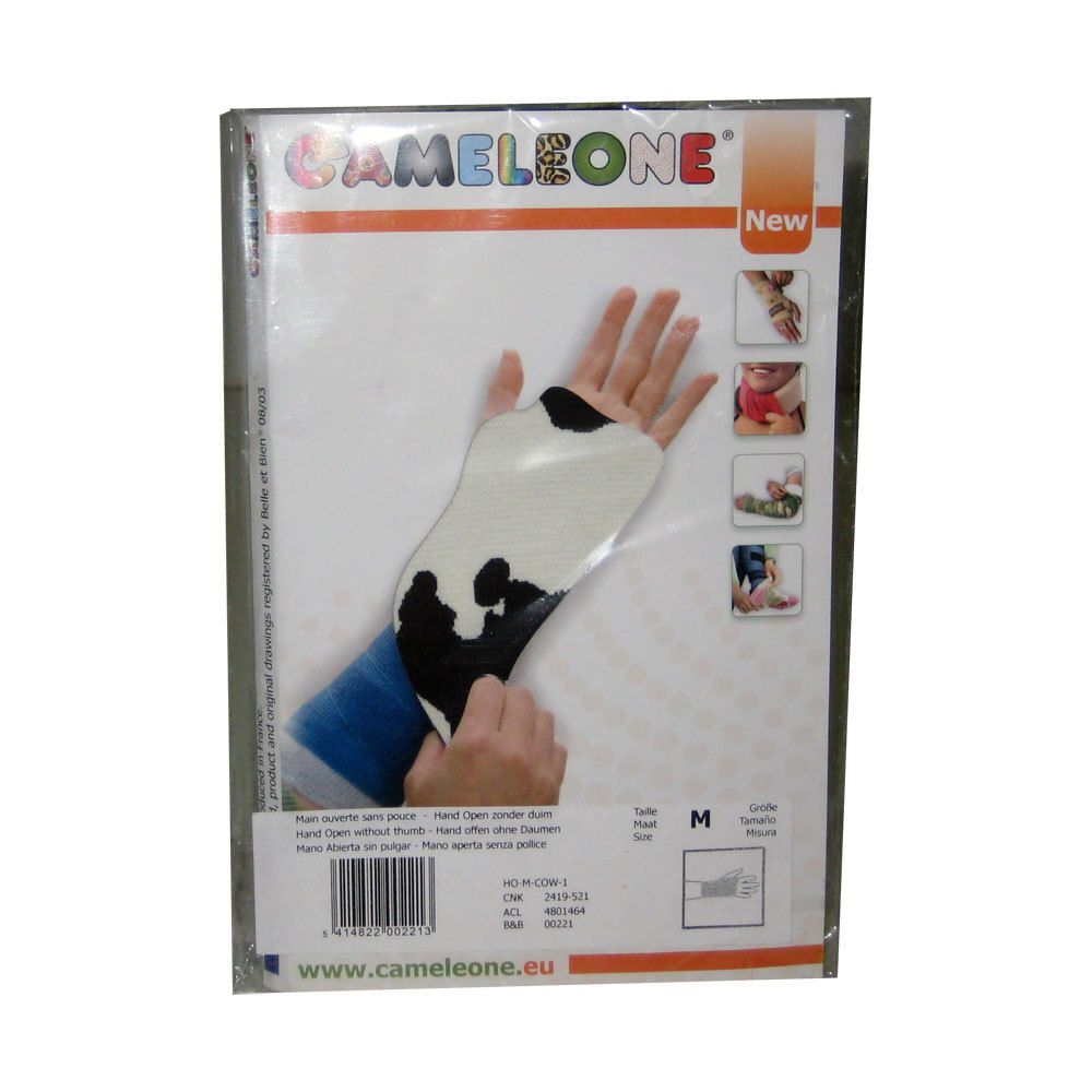 Verpakking met polsbrace. Wit met koeienpatroon. Merk Cameleone. Maat M. Hand open zonder duim.