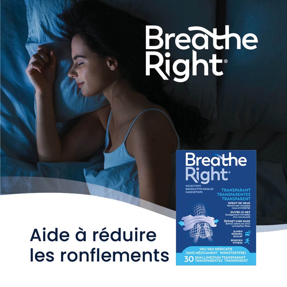 Femme au lit. Inscription Breathe Right. Emballage du produit dans l'image.