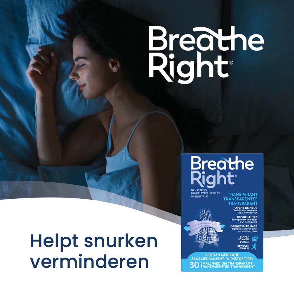 Vrouw in bed. Opschrift: Breathe Right. Productverpakking in beeld.