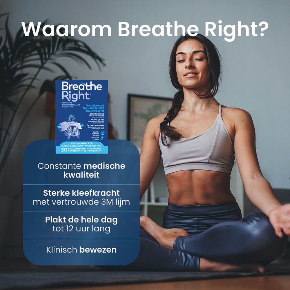 Vrouw zit in kleermakerszit. Opschrift: Breathe Right. Productverpakking in beeld. Tekst in het Nederlands.