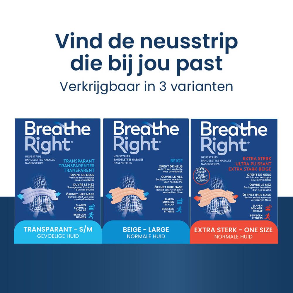 Drie productverpakkingen van Breathe Right. Tekst: Vind de neusstrip die bij jou past.