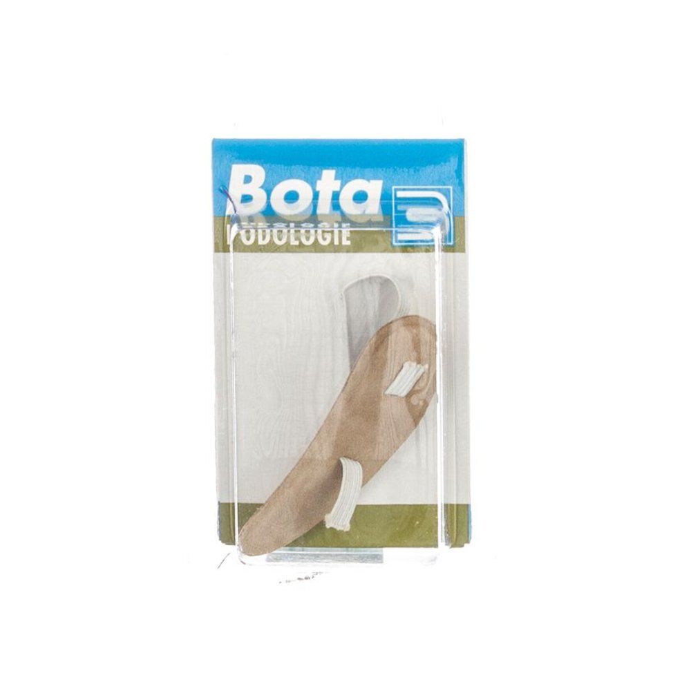 Emballage avec coussinet pour orteils en marteau Bota. Emballage blister transparent. Produit visible. Texte: Bota podologie.