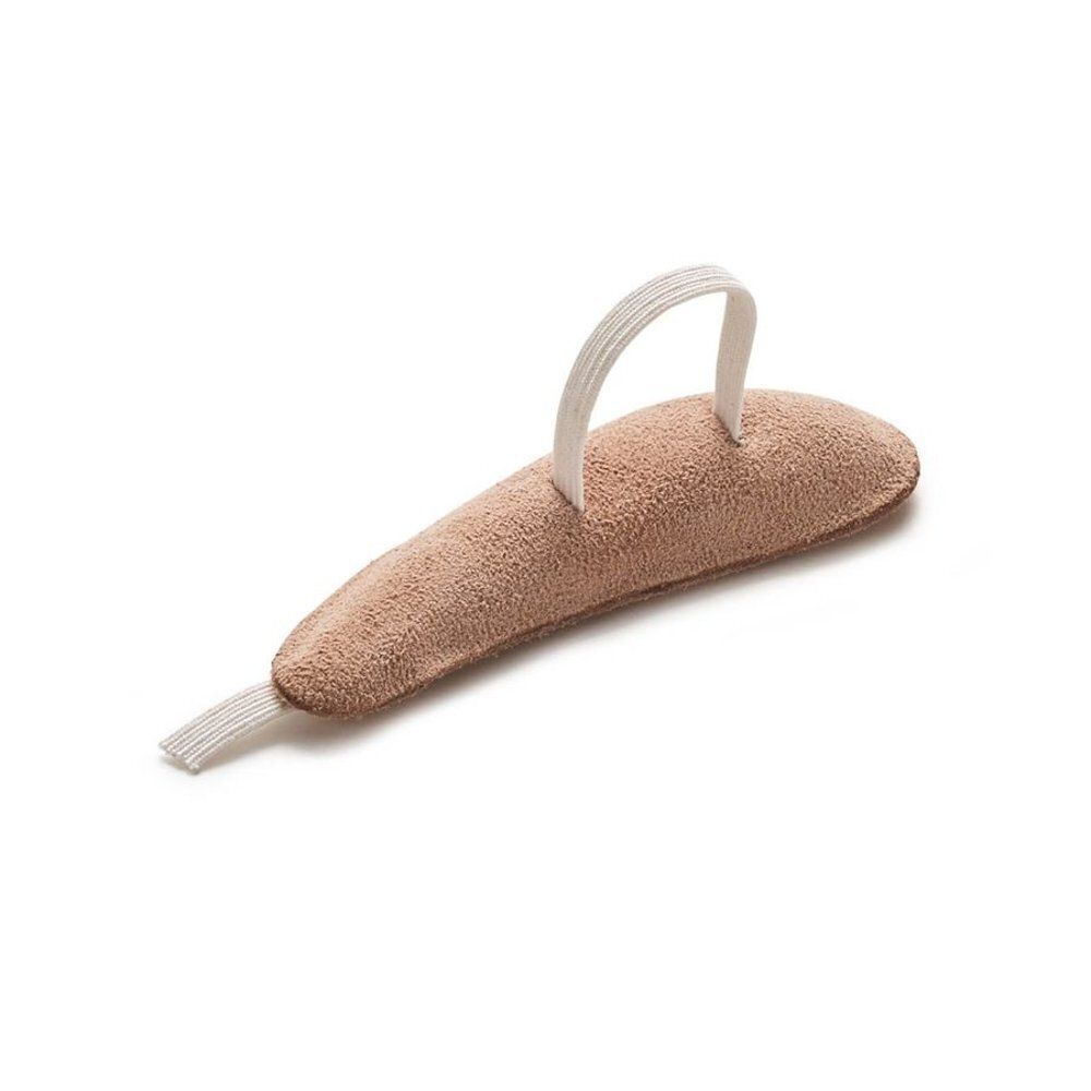 Beige hamertenkussen met witte band. Anatomische vorm. Voor de rechtervoet.