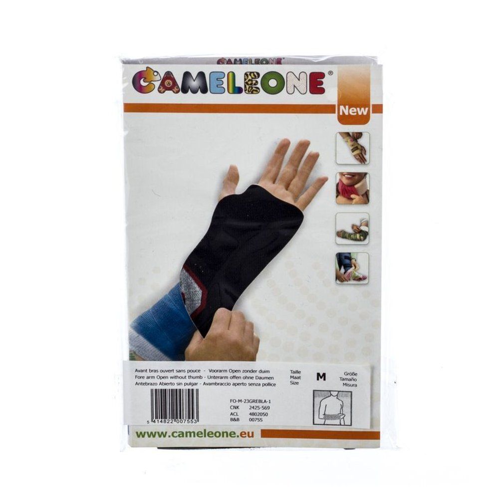 Zwarte Cameleone polsbrace met open duim, maat M, in verpakking. Productnaam en logo zichtbaar.