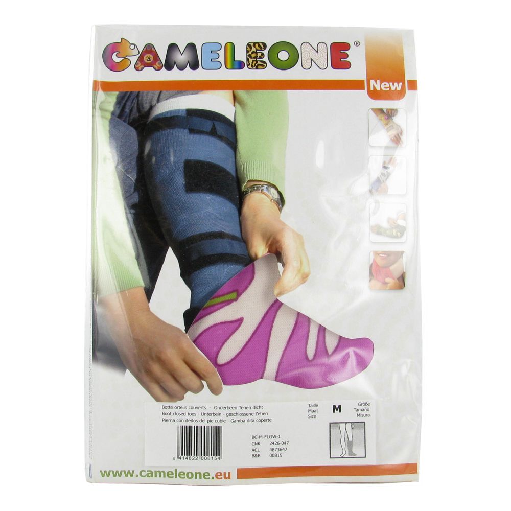 Verpakking Cameleone onderbeenbandage. Roze-wit bloemmotief, gesloten teen. Maat M. Zichtbare toepassing.