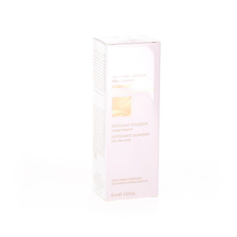 Boîte rose. Inscription: Exfoliant Douceur, Visage fréquent, Exfoliante Sclatant. En bas: 75 ml 2.53 fl.oz.