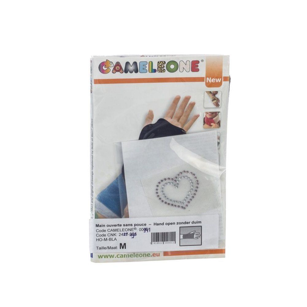 Emballage Cameleone. Produit : main ouverte sans pouce, cœur en strass. Taille M. Inscription : Hand open zonder duim.