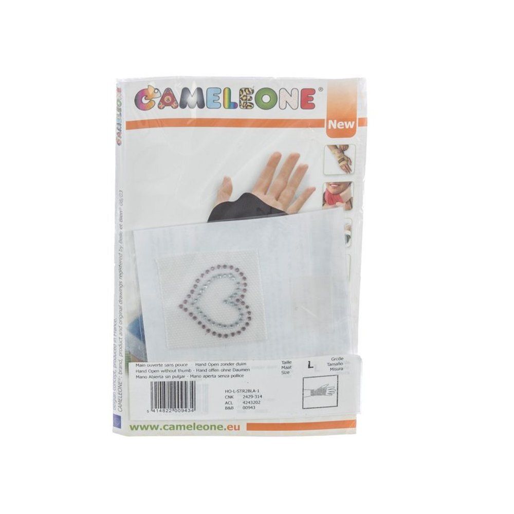 Verpakking Cameleone Hand Open Thumb Heart L. Bedrukt met hand, hartmotief en productinformatie. Maat L.
