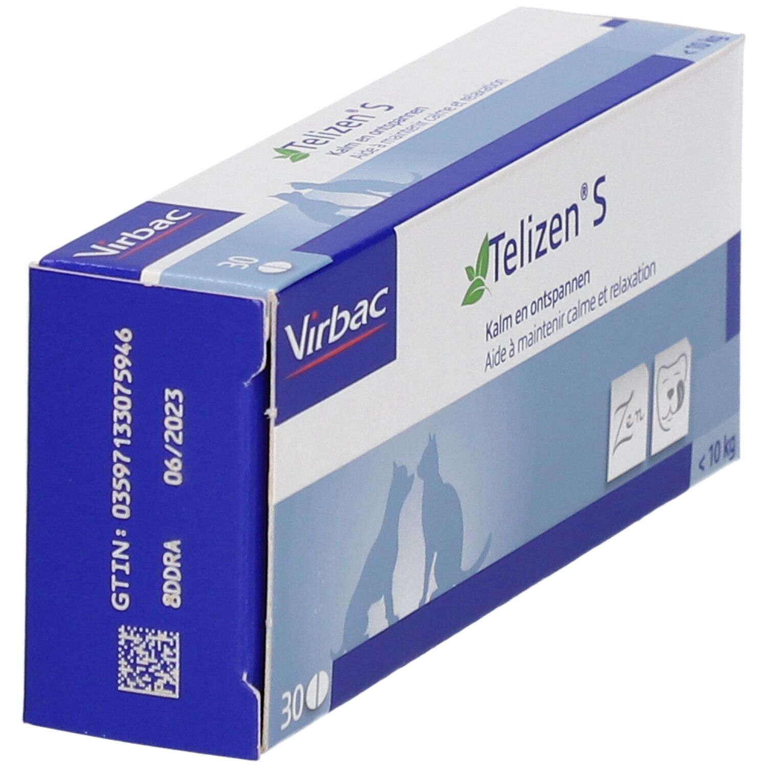 Schuine verpakking van Telizen S. Merk Virbac. Bevat 30 tabletten. Opschrift: Kalm en ontspannen, Aide à maintenir calme et relaxation.