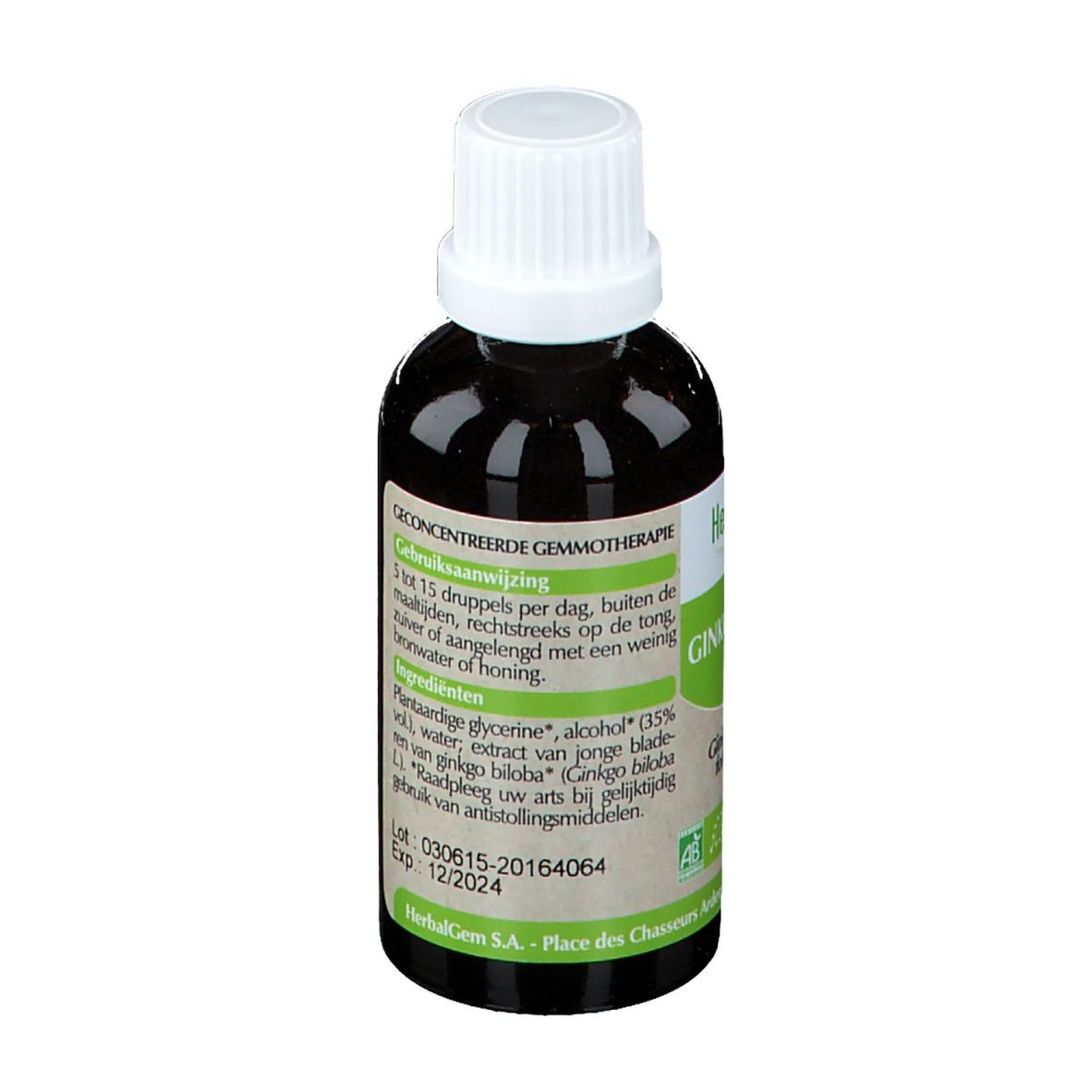 Flacon en verre brun avec bouchon blanc. Étiquette "HerbalGem GINKGO BILOBA Bio". Liste des ingrédients et date de péremption.
