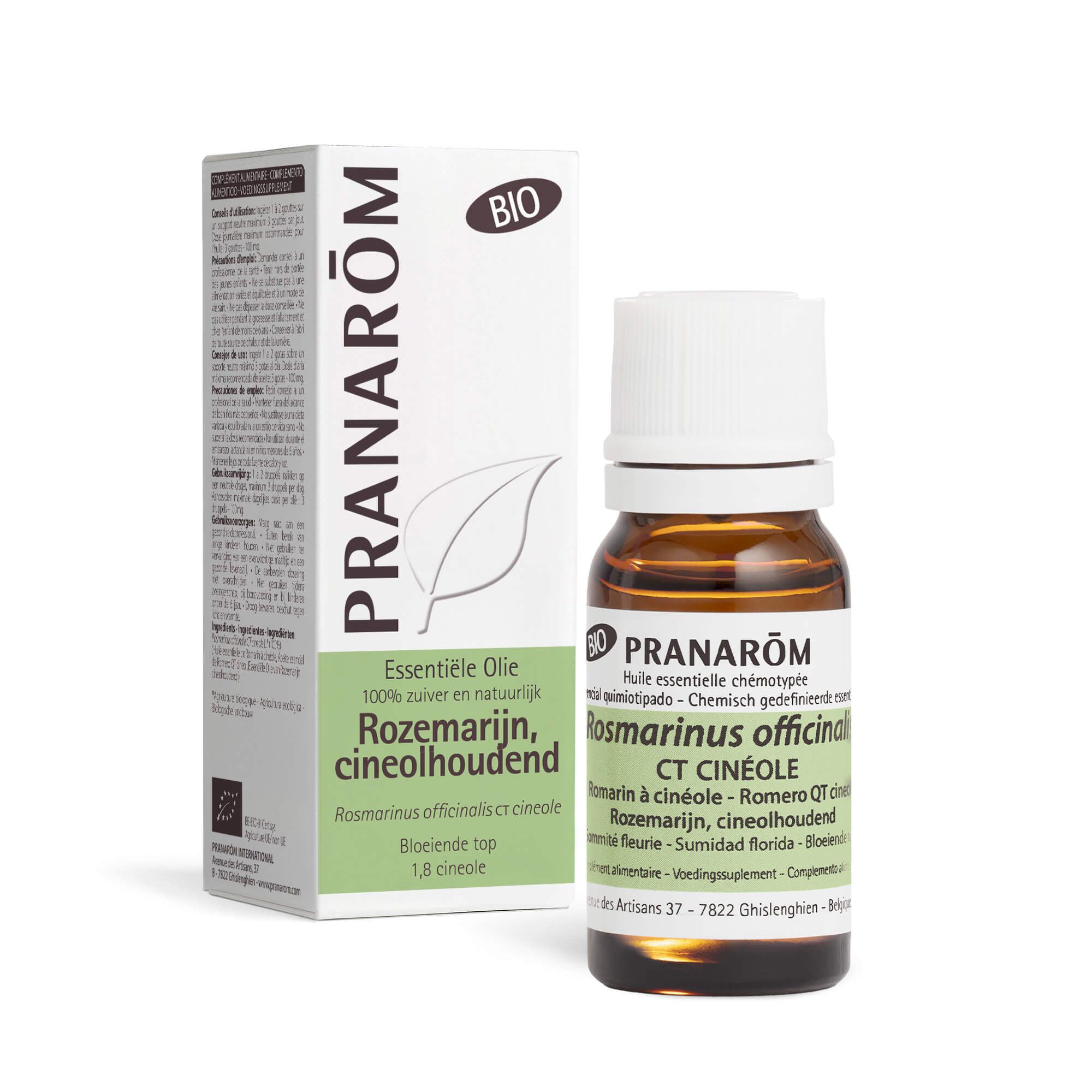 Bruine fles en doos met PRANAROM. Productnaam en Bio-keurmerk. Rozemarijn CT cinéole.