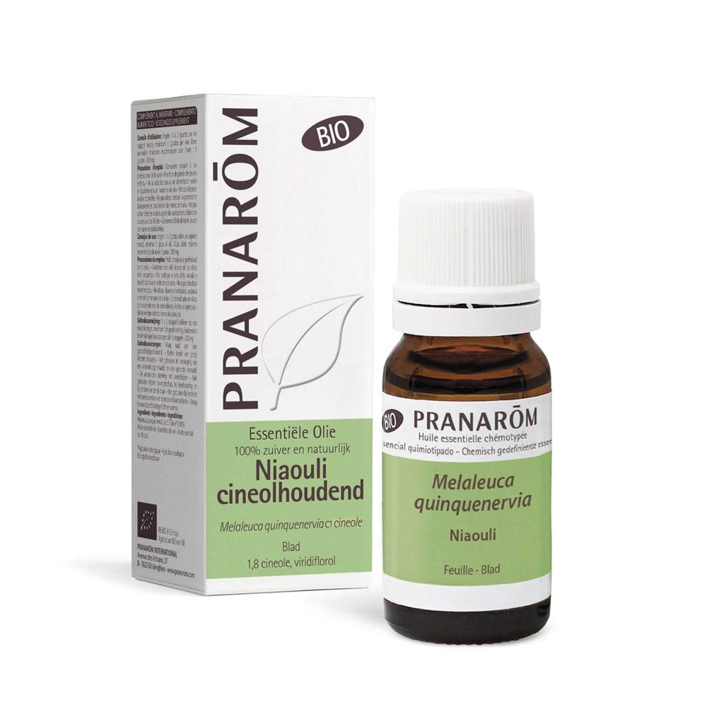 Flacon et emballage. Emballage blanc avec étiquette verte. Nom du produit : Niaouli. Certification Bio.