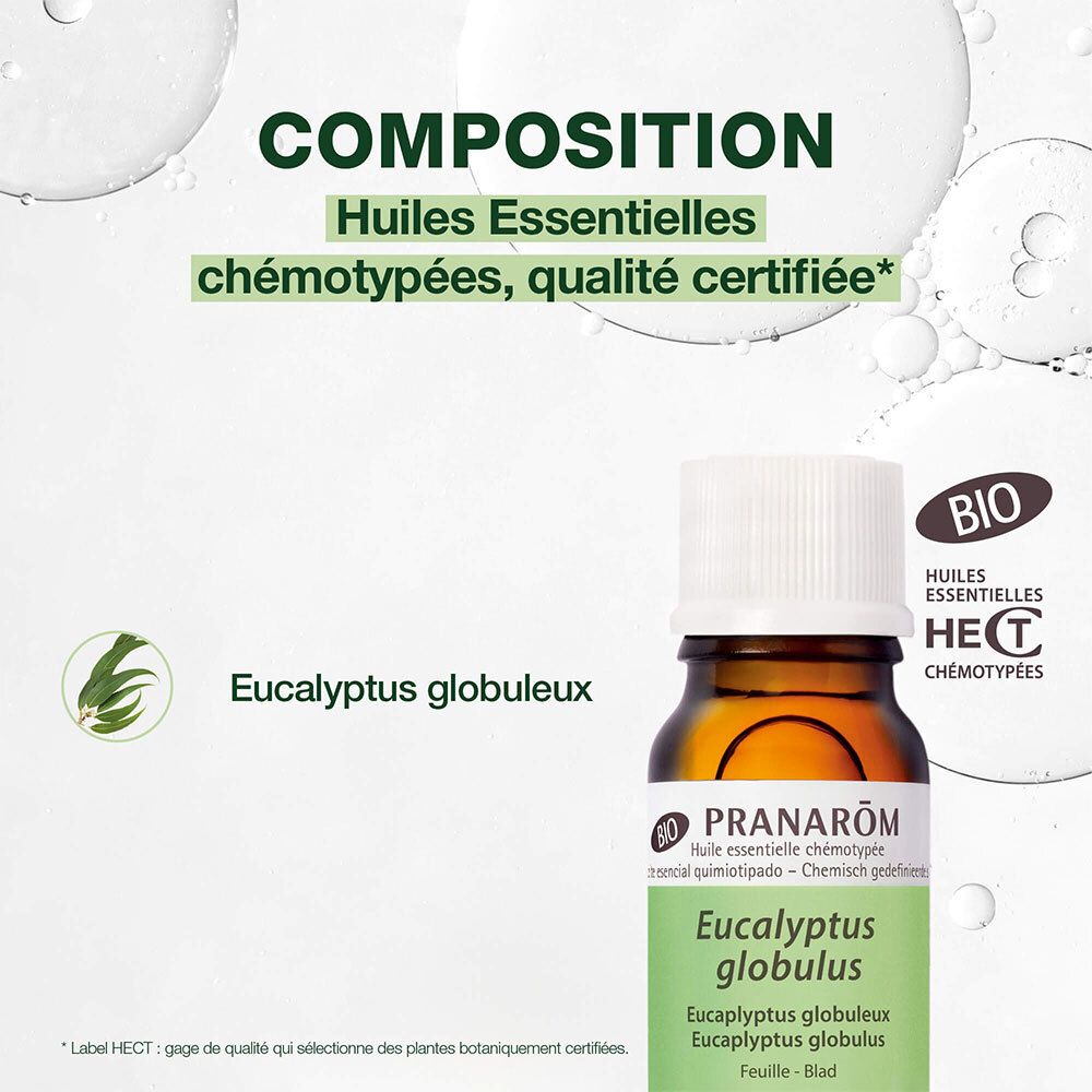 Flacon d'huile essentielle. Inscription: PRANAROM, Eucalyptus globulus. Certification BIO.