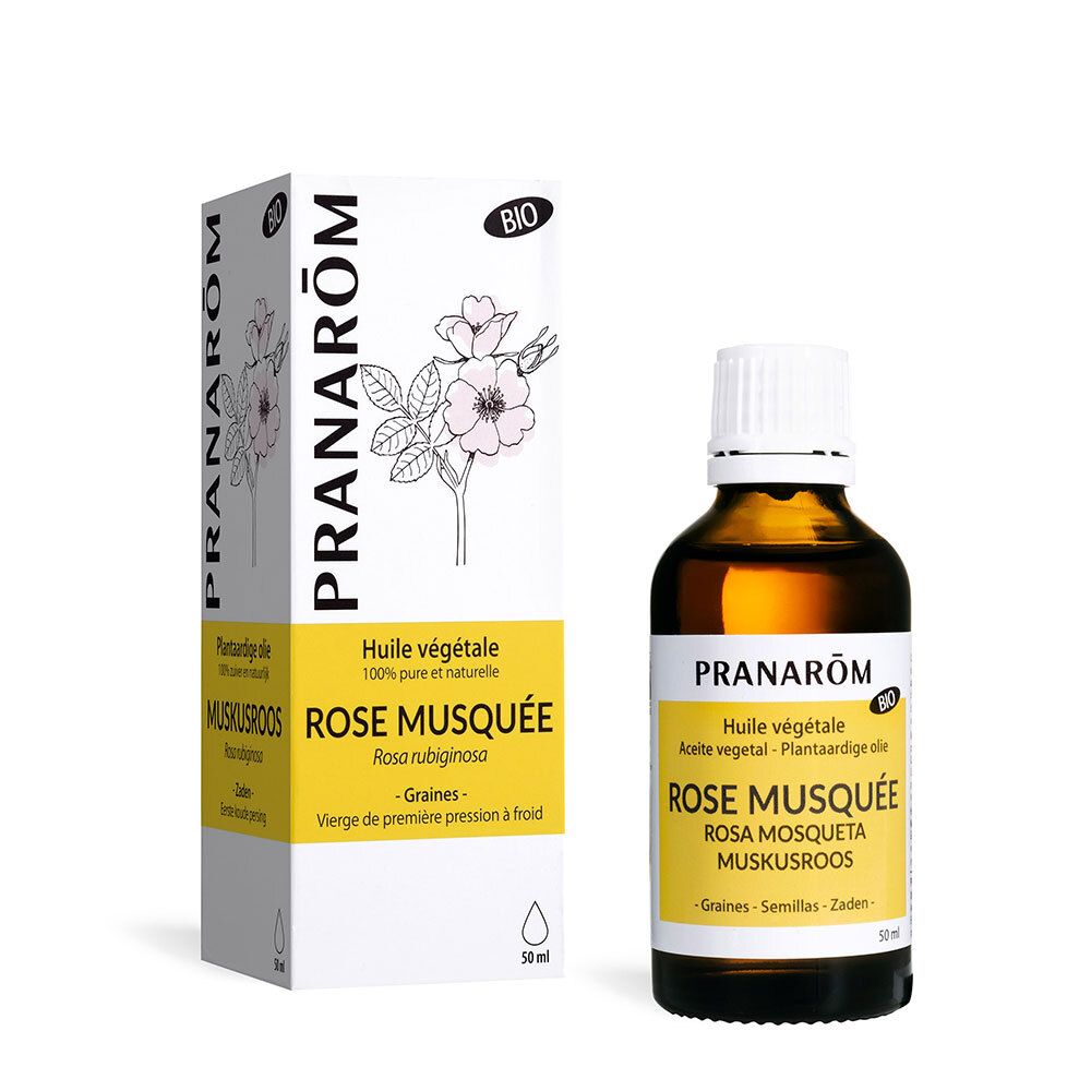 Pranarôm fles en verpakking. Rozenbottelolie. 50 ml. Bio-certificering.