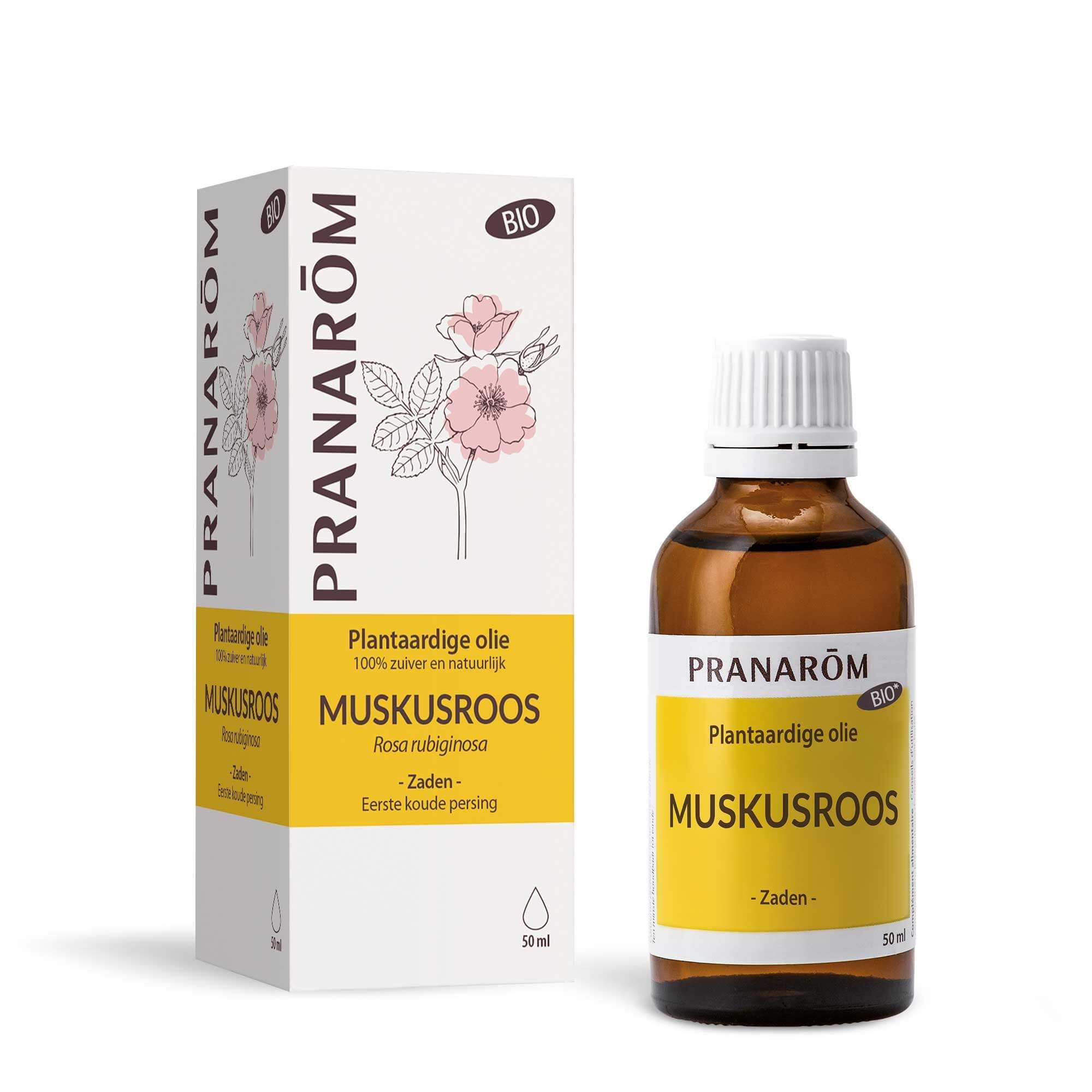 Pranarôm Rozenbottelolie. Fles en verpakking. 50 ml. Bio-certificering.
