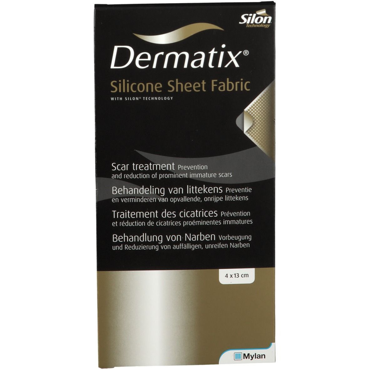 Verpakking van Dermatix Silicone Sheet Fabric. Zwarte doos met productnaam en tekst in meerdere talen. Afmetingen: 4 x 13 cm.