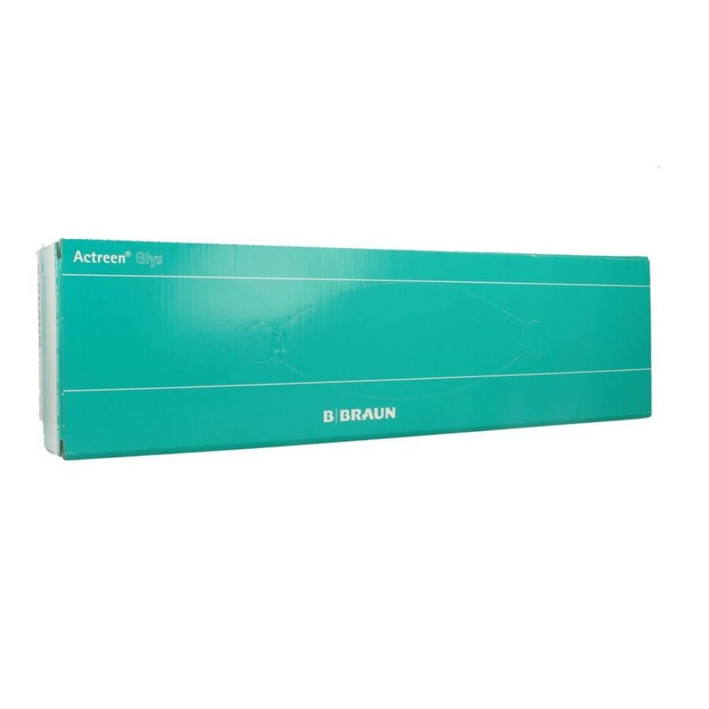 Turquoise productverpakking. Opschrift Actreen Glys en D Braun. Langwerpige vorm.