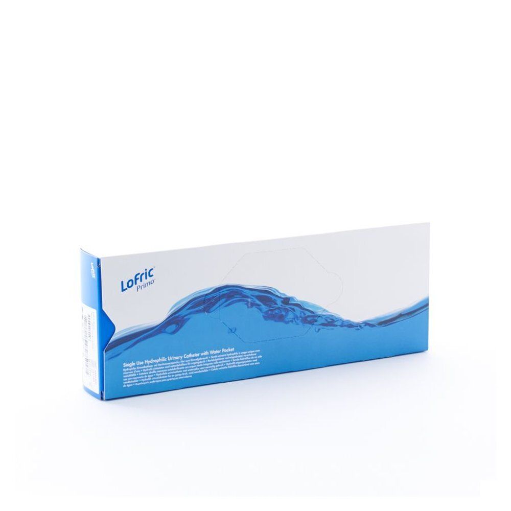 Kartonnen verpakking met blauw golfpatroon. Opschrift: Lofric Primo. Tekst: Single use hydrophilic urinary catheter with water packet.