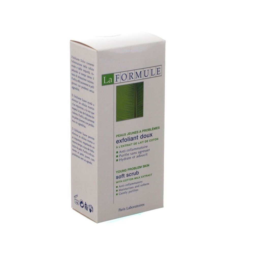 Boîte en carton avec informations produit. Inscription: La Formule, Peaux Jeunes à Problèmes, exfoliant doux, Soft Scrub.