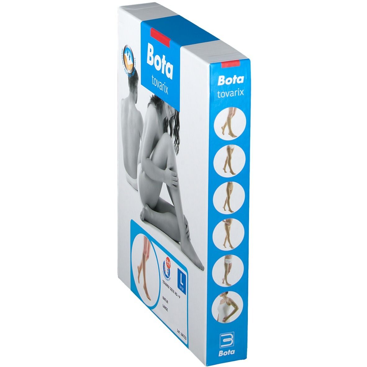 Vue latérale de la boîte Bota tovarix. Illustrations de bas de compression. Taille L.