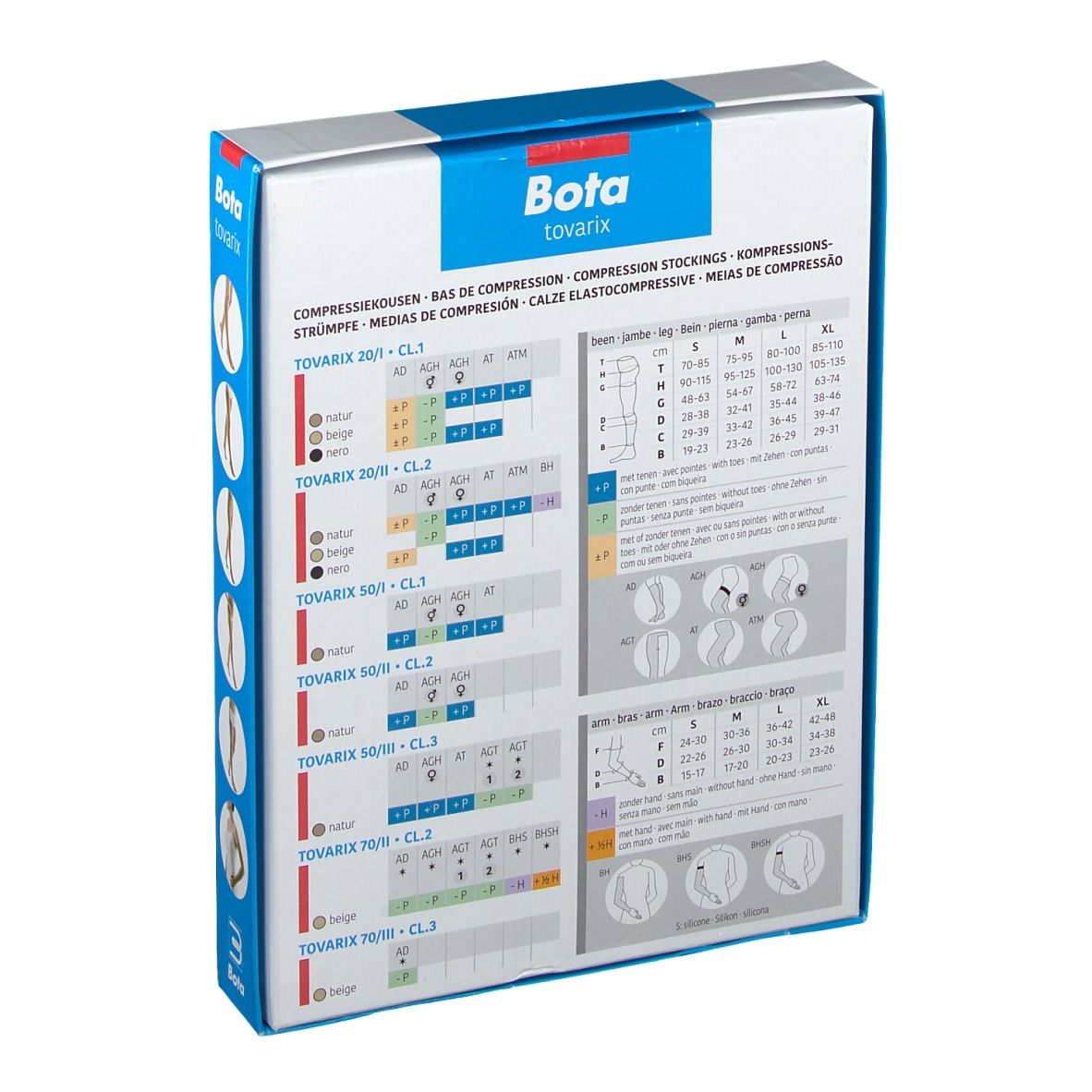 Dos de la boîte Bota tovarix. Tableaux de tailles pour bas de compression.