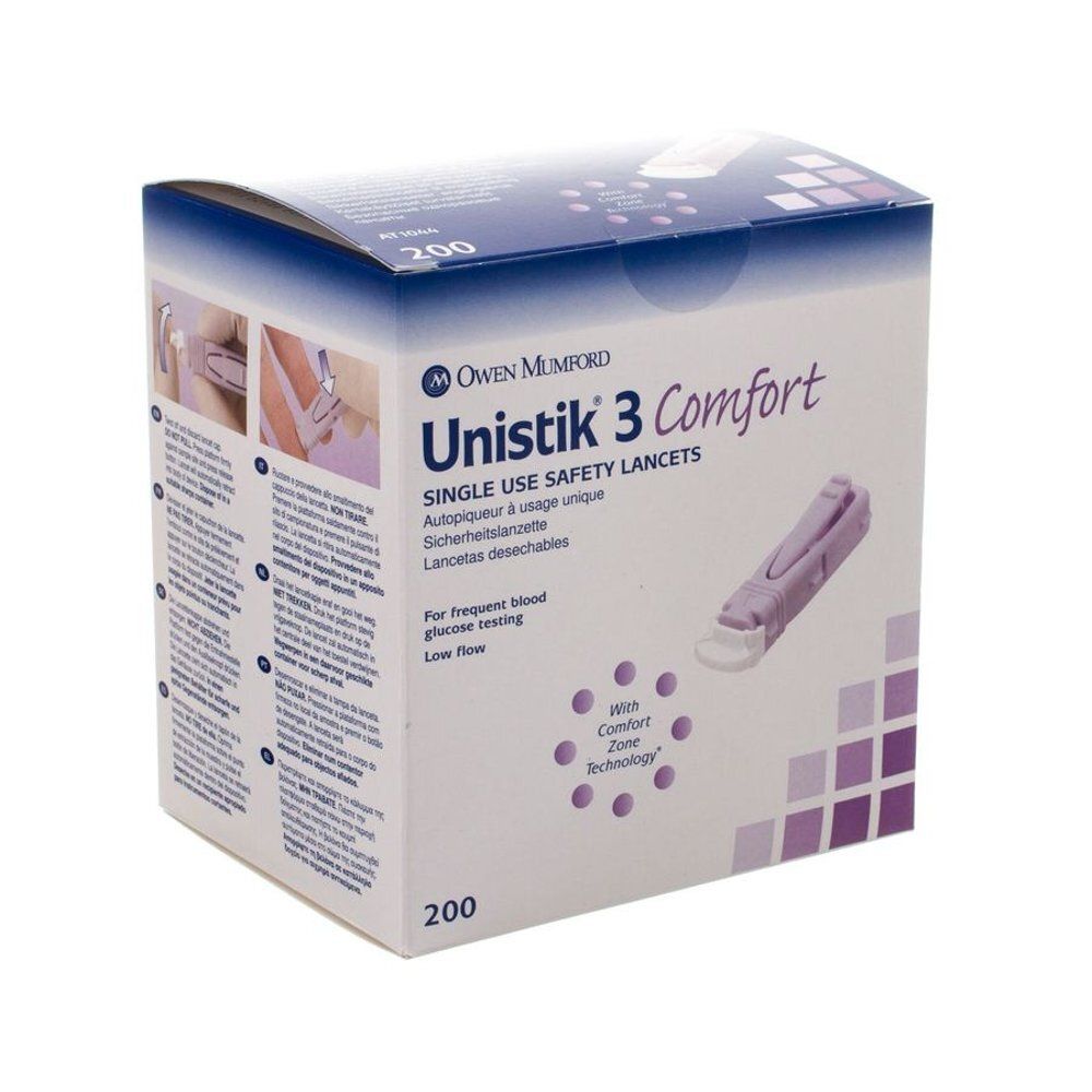 Doosje Unistik 3 Comfort lancetten. Opschrift: SINGLE USE SAFETY LANCETS. Bevat 200 stuks. Een lancet is afgebeeld.