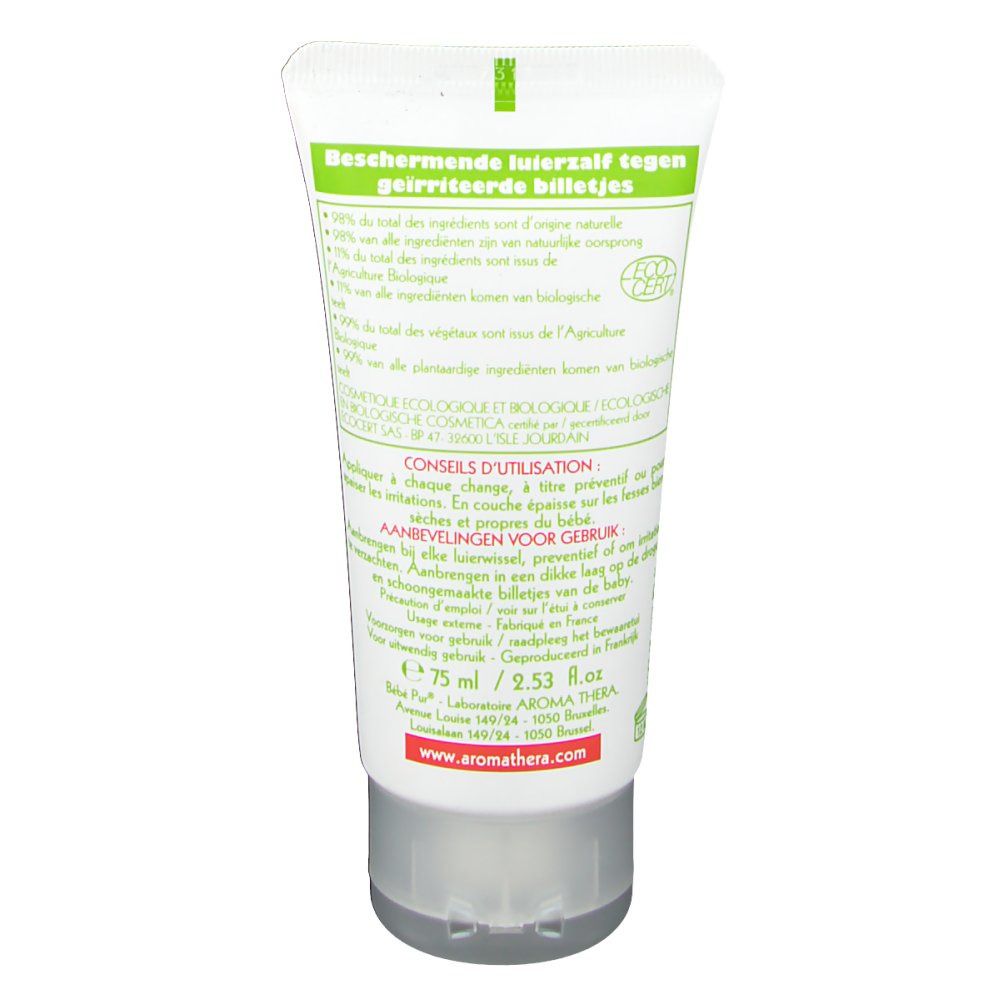 Dos d'un tube blanc. Texte multilingue. Inscription: 75 ml / 2.53 fl.oz. Avec label bio.