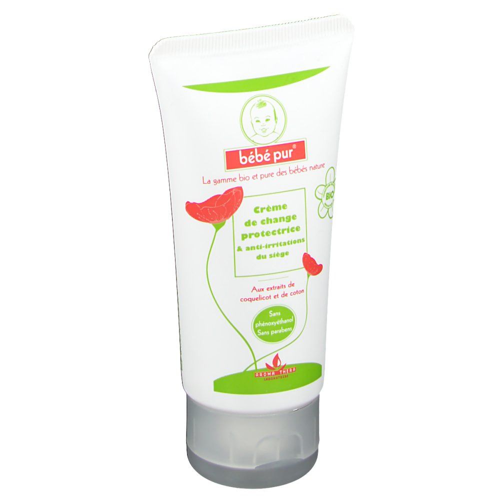 Tube blanc avec décorations vertes et rouges. Inscription: bébé pur, Crème de change protectrice. Avec label bio.