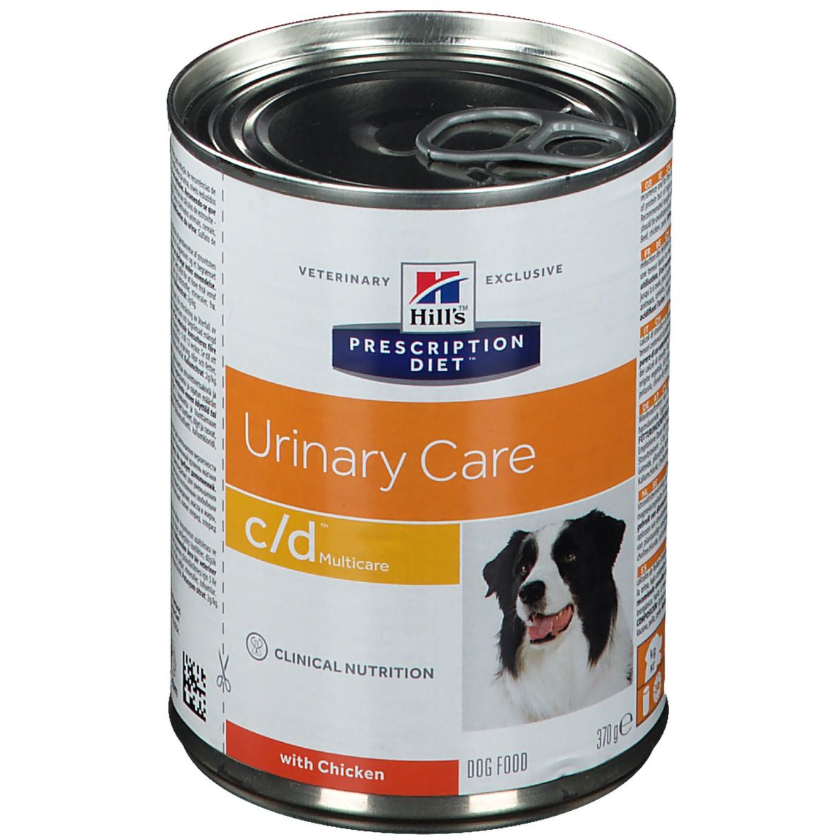 Boîte de nourriture pour chiens Hill's Prescription Diet c/d Multicare. Inscription : Urinary Care, avec poulet. Image d'un chien.