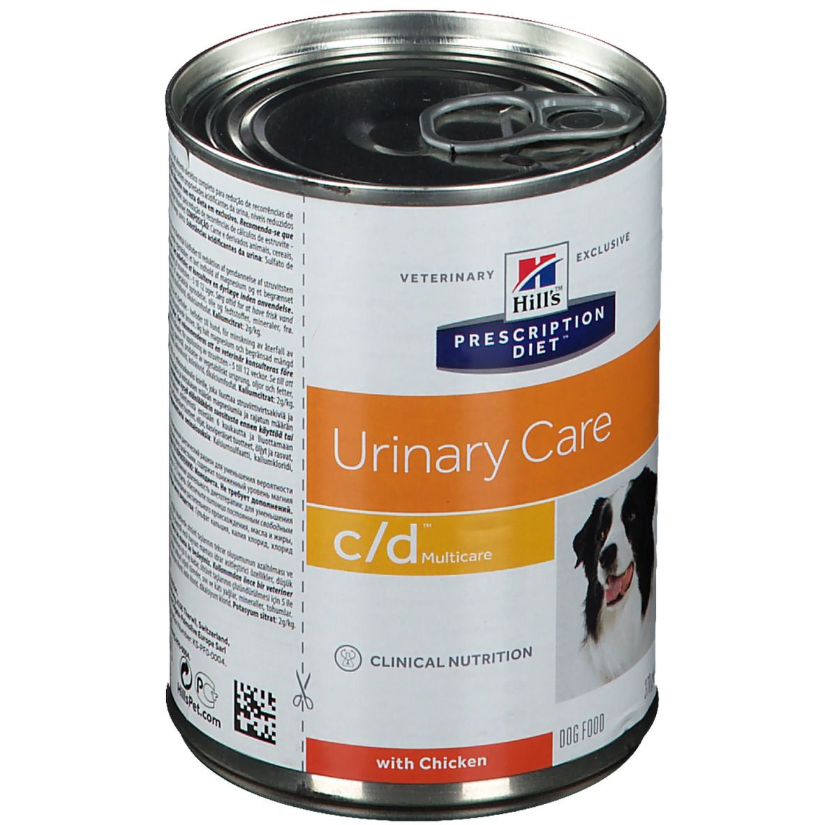 Boîte de nourriture pour chiens. Inscription : Prescription Diet c/d Multicare Canine. Image d'un chien. Texte : Urinary Care, avec poulet.
