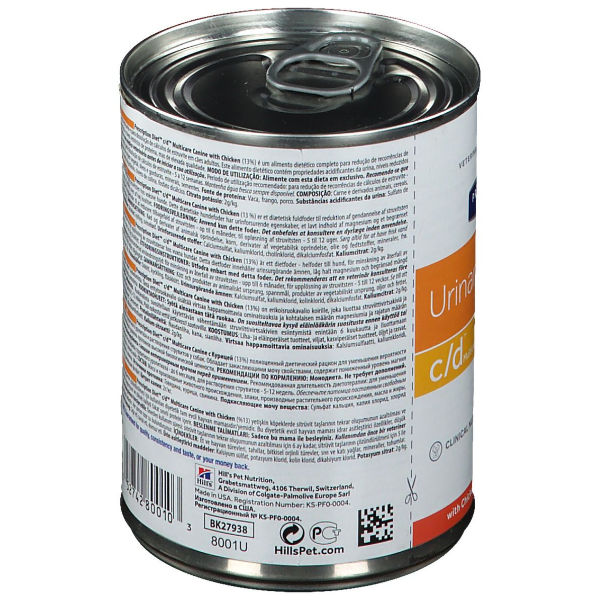 Boîte de nourriture pour chiens avec texte. Inscription : Prescription Diet c/d Multicare Canine. Informations sur l'alimentation et les ingrédients.