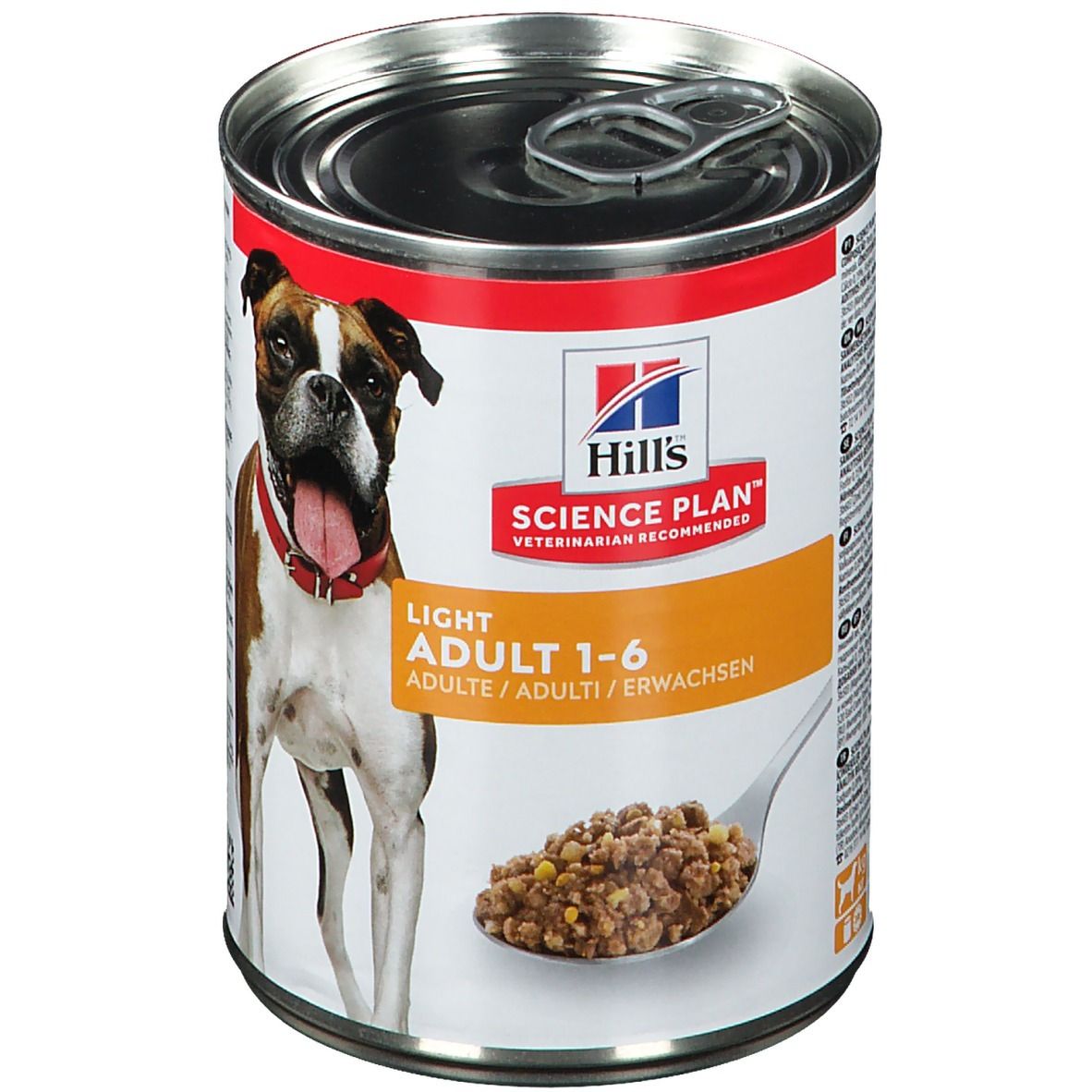 Boîte de nourriture pour chiens avec image de Boxer. Inscription : Hill's Science Plan Light Adult 1-6. Nourriture représentée sur une cuillère.