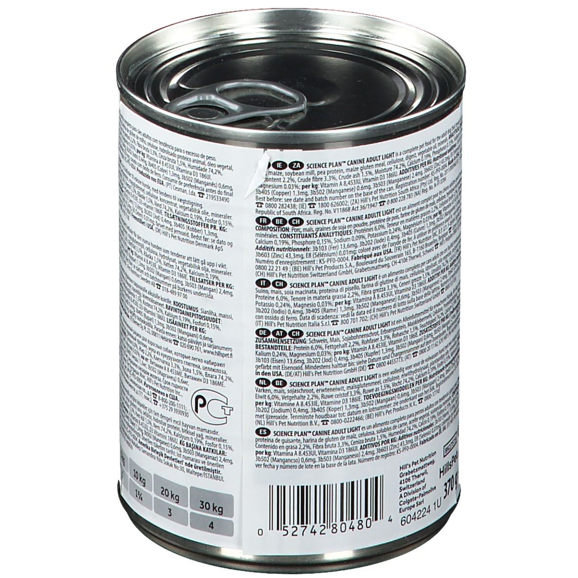 Boîte de nourriture pour chiens avec texte. Inscription : Hill's Science Plan Canine Adult Light. Informations nutritionnelles et recommandations d'alimentation. Code-barres.
